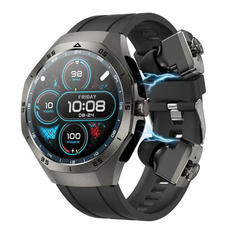 F38 Écouteurs Bluetooth double oreille Montre intelligente IP67 Compatible surveillance de la fréquence cardiaque, Silicone, Cuir, Acier