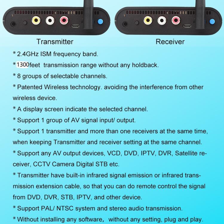 Measy AV240 Émetteur et récepteur audio/vidéo sans fil 2,4 GHz avec fonction de retour infrarouge, portée : 400 m, AV240 noir