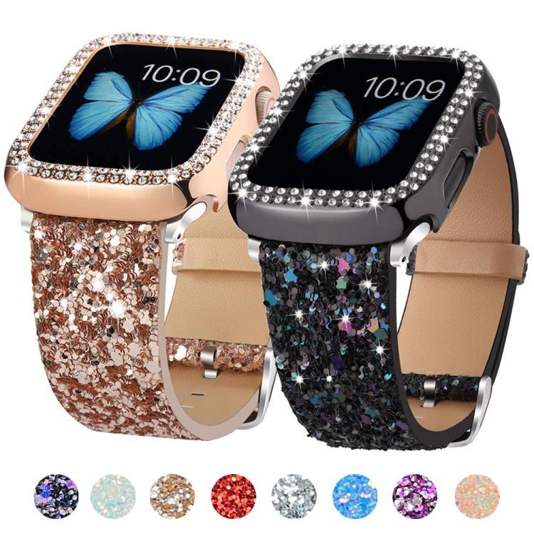 Bracelet de montre en cuir à paillettes xDfind, compatible avec Apple Watch 42/44/45/46/49 mm et Apple Watch 38/40/41/S10 42 mm.