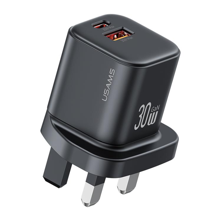 Chargeur rapide mini USAMS CC277 30W GaN USB-C / Type-C et USB double port, prise UK