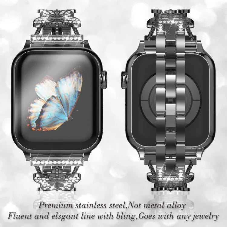 Bracelet de montre xDfind en métal serti de diamants en forme de papillon, compatible avec Apple Watch 42/44/45/46/49 mm et Apple Watch 38/40/41/S10 42 mm.