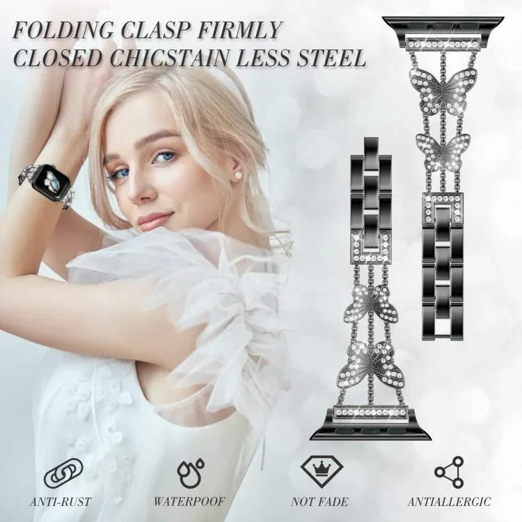Bracelet de montre xDfind en métal serti de diamants en forme de papillon, compatible avec Apple Watch 42/44/45/46/49 mm et Apple Watch 38/40/41/S10 42 mm.