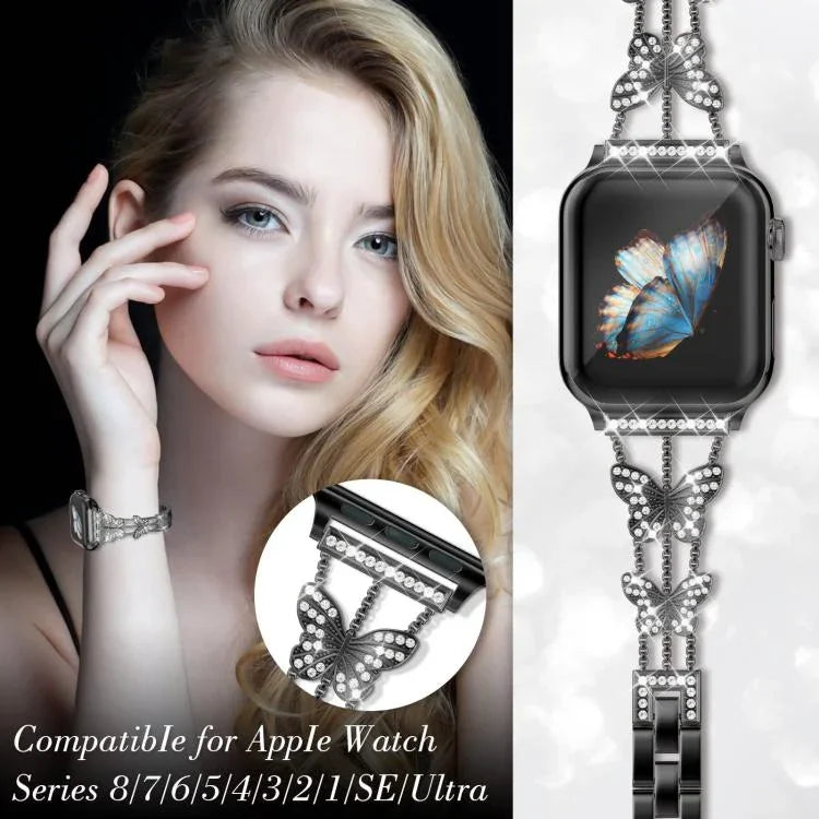Bracelet de montre xDfind en métal serti de diamants en forme de papillon, compatible avec Apple Watch 42/44/45/46/49 mm et Apple Watch 38/40/41/S10 42 mm.