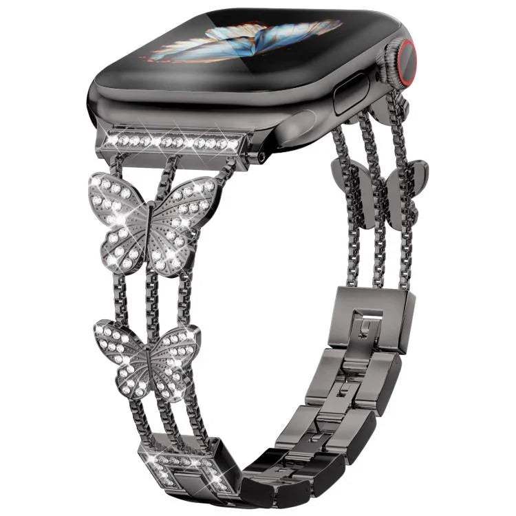 Bracelet de montre xDfind en métal serti de diamants en forme de papillon, compatible avec Apple Watch 42/44/45/46/49 mm et Apple Watch 38/40/41/S10 42 mm.