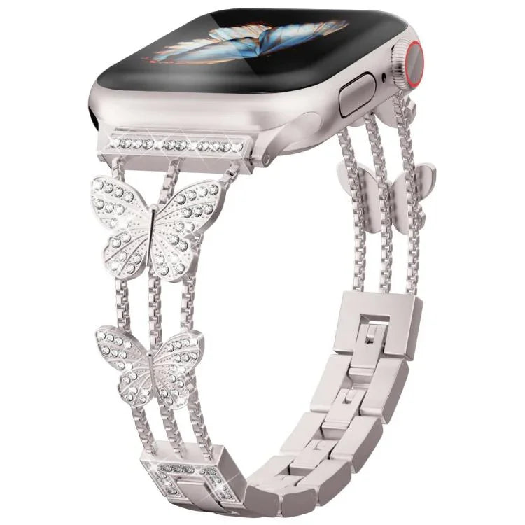 Bracelet de montre xDfind en métal serti de diamants en forme de papillon, compatible avec Apple Watch 42/44/45/46/49 mm et Apple Watch 38/40/41/S10 42 mm.