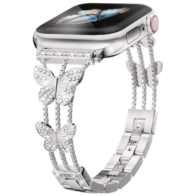 Bracelet de montre xDfind en métal serti de diamants en forme de papillon, compatible avec Apple Watch 42/44/45/46/49 mm et Apple Watch 38/40/41/S10 42 mm.