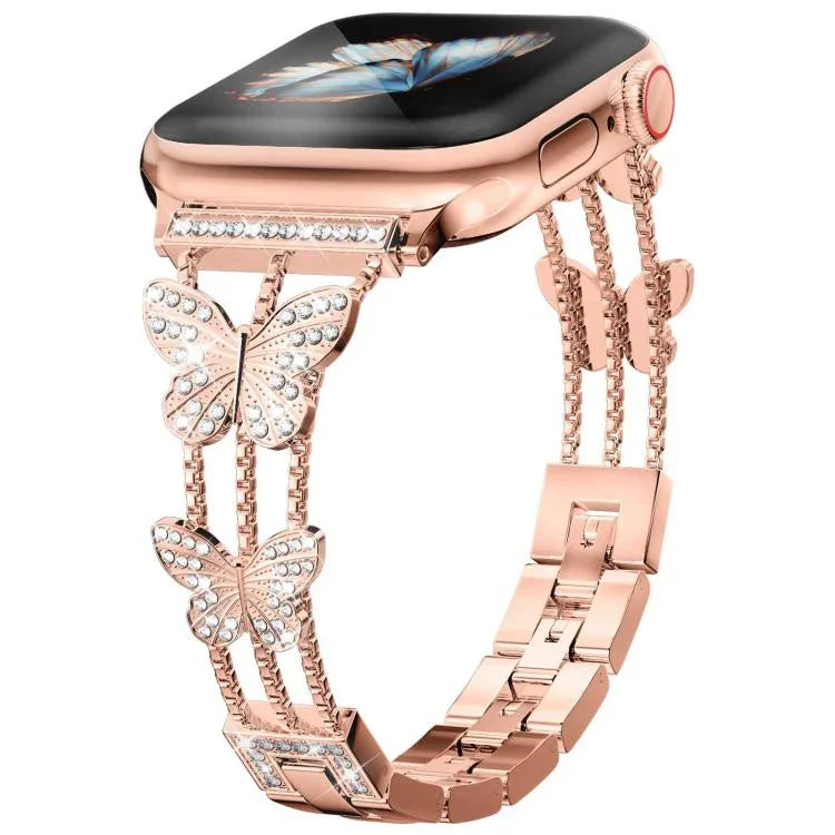 Bracelet de montre xDfind en métal serti de diamants en forme de papillon, compatible avec Apple Watch 42/44/45/46/49 mm et Apple Watch 38/40/41/S10 42 mm.