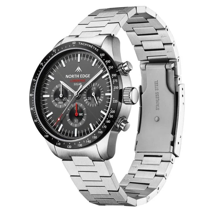 NORTH EDGE LONGWINGS Montre de sport extérieure pour homme avec chargement solaire et bracelet en acier inoxydable