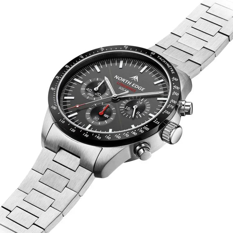 NORTH EDGE LONGWINGS Montre de sport extérieure pour homme avec chargement solaire et bracelet en acier inoxydable