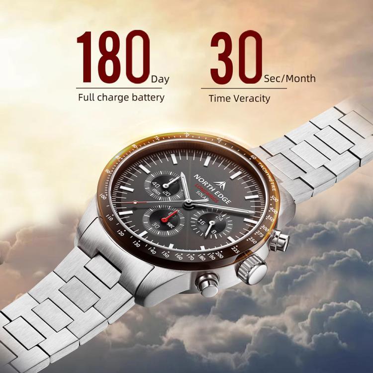 NORTH EDGE LONGWINGS Montre de sport extérieure pour homme avec chargement solaire et bracelet en acier inoxydable