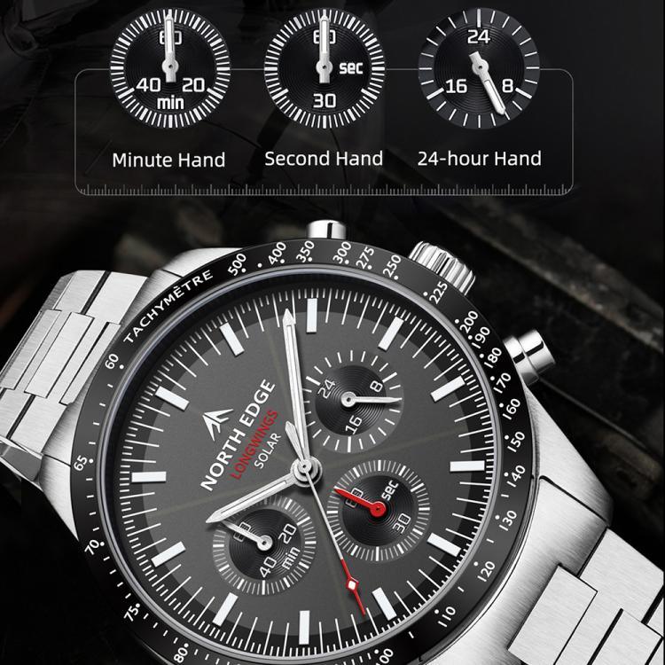 NORTH EDGE LONGWINGS Montre de sport extérieure pour homme avec chargement solaire et bracelet en acier inoxydable