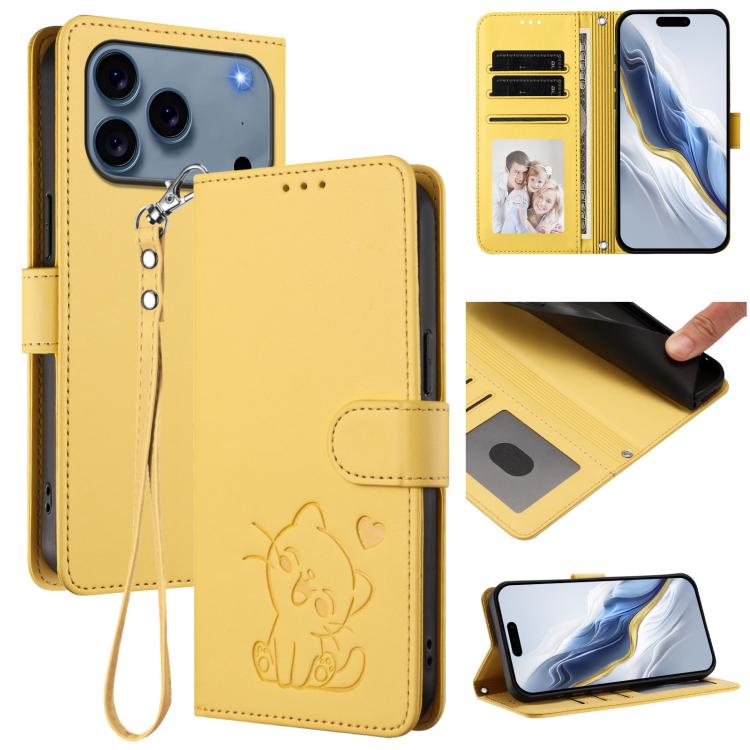 Étui de téléphone en cuir avec motif de cœur et de chat en relief avec dragonne, Pour iPhone 17e / 16e, Pour iPhone 17 Pro Max, Pour iPhone 17 Pro, Pour iPhone 17