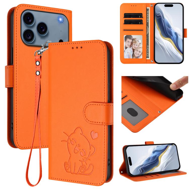 Étui de téléphone en cuir avec motif de cœur et de chat en relief avec dragonne, Pour iPhone 17e / 16e, Pour iPhone 17 Pro Max, Pour iPhone 17 Pro, Pour iPhone 17