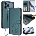 Étui de téléphone en cuir avec motif de cœur et de chat en relief avec dragonne, Pour iPhone 17e / 16e, Pour iPhone 17 Pro Max, Pour iPhone 17 Pro, Pour iPhone 17