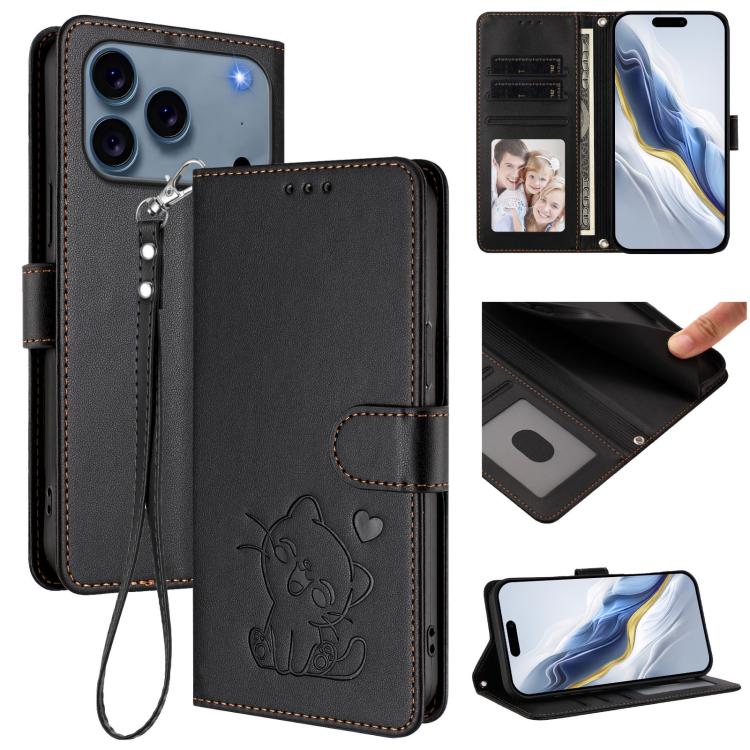 Étui de téléphone en cuir avec motif de cœur et de chat en relief avec dragonne, Pour iPhone 17e / 16e, Pour iPhone 17 Pro Max, Pour iPhone 17 Pro, Pour iPhone 17