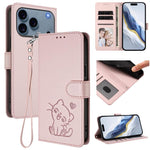 Étui de téléphone en cuir avec motif de cœur et de chat en relief avec dragonne, Pour iPhone 17e / 16e, Pour iPhone 17 Pro Max, Pour iPhone 17 Pro, Pour iPhone 17