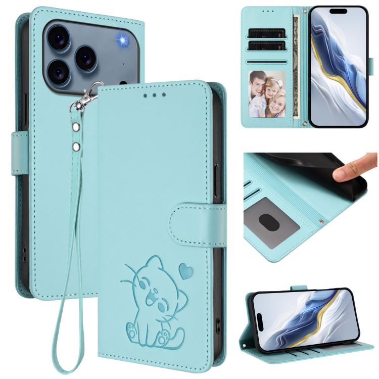 Étui de téléphone en cuir avec motif de cœur et de chat en relief avec dragonne, Pour iPhone 17e / 16e, Pour iPhone 17 Pro Max, Pour iPhone 17 Pro, Pour iPhone 17