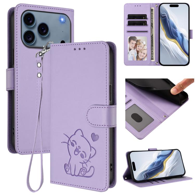 Étui de téléphone en cuir avec motif de cœur et de chat en relief avec dragonne, Pour iPhone 17e / 16e, Pour iPhone 17 Pro Max, Pour iPhone 17 Pro, Pour iPhone 17