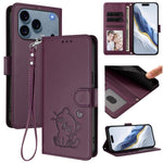 Étui de téléphone en cuir avec motif de cœur et de chat en relief avec dragonne, Pour iPhone 17e / 16e, Pour iPhone 17 Pro Max, Pour iPhone 17 Pro, Pour iPhone 17