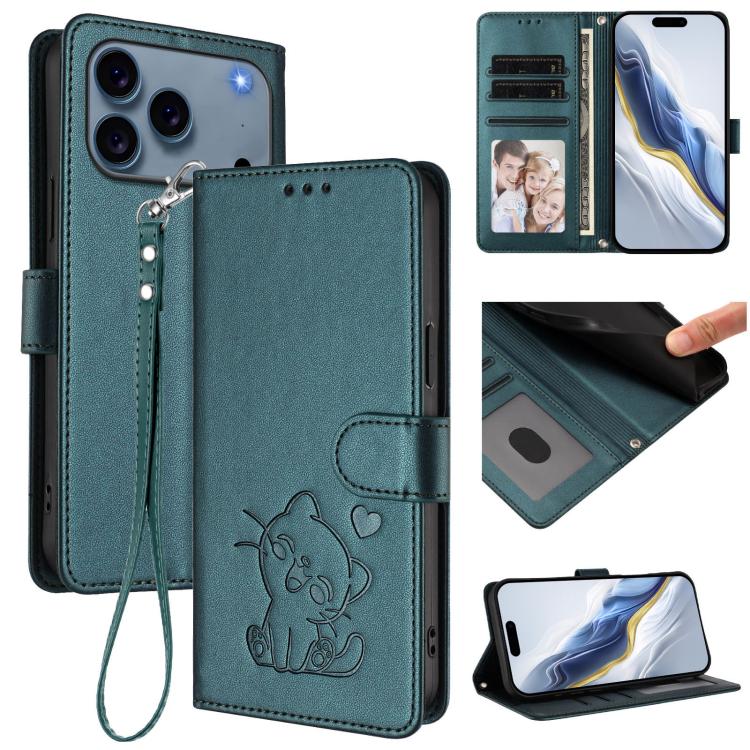 Étui de téléphone en cuir avec motif de cœur et de chat en relief avec dragonne, Pour iPhone 17e / 16e, Pour iPhone 17 Pro Max, Pour iPhone 17 Pro, Pour iPhone 17