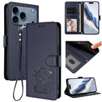 Étui de téléphone en cuir avec motif de cœur et de chat en relief avec dragonne, Pour iPhone 17e / 16e, Pour iPhone 17 Pro Max, Pour iPhone 17 Pro, Pour iPhone 17