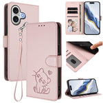 Étui de téléphone en cuir avec motif de cœur et de chat en relief avec dragonne, Pour iPhone 17e / 16e, Pour iPhone 17 Pro Max, Pour iPhone 17 Pro, Pour iPhone 17