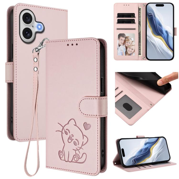 Étui de téléphone en cuir avec motif de cœur et de chat en relief avec dragonne, Pour iPhone 17e / 16e, Pour iPhone 17 Pro Max, Pour iPhone 17 Pro, Pour iPhone 17