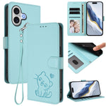 Étui de téléphone en cuir avec motif de cœur et de chat en relief avec dragonne, Pour iPhone 17e / 16e, Pour iPhone 17 Pro Max, Pour iPhone 17 Pro, Pour iPhone 17