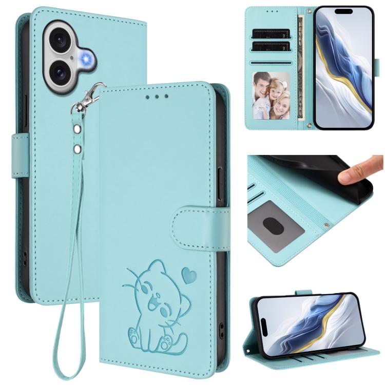 Étui de téléphone en cuir avec motif de cœur et de chat en relief avec dragonne, Pour iPhone 17e / 16e, Pour iPhone 17 Pro Max, Pour iPhone 17 Pro, Pour iPhone 17