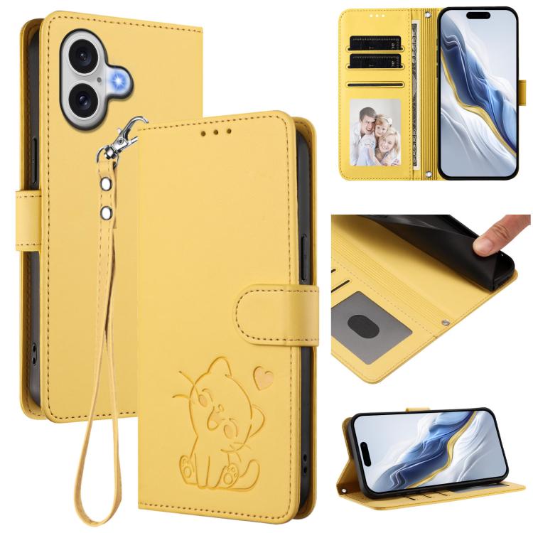 Étui de téléphone en cuir avec motif de cœur et de chat en relief avec dragonne, Pour iPhone 17e / 16e, Pour iPhone 17 Pro Max, Pour iPhone 17 Pro, Pour iPhone 17