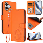 Étui de téléphone en cuir avec motif de cœur et de chat en relief avec dragonne, Pour iPhone 17e / 16e, Pour iPhone 17 Pro Max, Pour iPhone 17 Pro, Pour iPhone 17