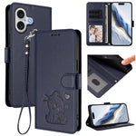 Étui de téléphone en cuir avec motif de cœur et de chat en relief avec dragonne, Pour iPhone 17e / 16e, Pour iPhone 17 Pro Max, Pour iPhone 17 Pro, Pour iPhone 17