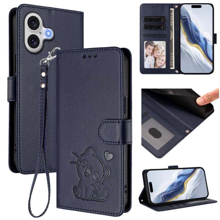 Étui de téléphone en cuir avec motif de cœur et de chat en relief avec dragonne, Pour iPhone 17e / 16e, Pour iPhone 17 Pro Max, Pour iPhone 17 Pro, Pour iPhone 17