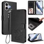 Étui de téléphone en cuir avec motif de cœur et de chat en relief avec dragonne, Pour iPhone 17e / 16e, Pour iPhone 17 Pro Max, Pour iPhone 17 Pro, Pour iPhone 17