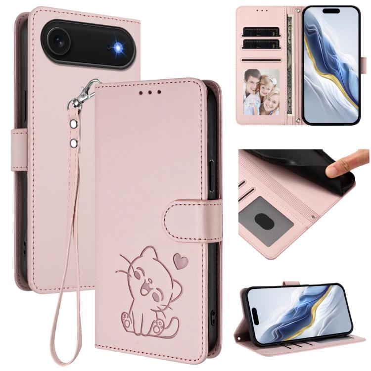 Étui de téléphone en cuir avec motif de cœur gaufré et dragonne pour chat, pour iPhone Air, pour iPhone 16 Pro Max, pour iPhone 16 Pro, pour iPhone 16 Plus