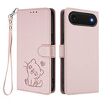 Étui de téléphone en cuir avec motif de cœur gaufré et dragonne pour chat, pour iPhone Air, pour iPhone 16 Pro Max, pour iPhone 16 Pro, pour iPhone 16 Plus