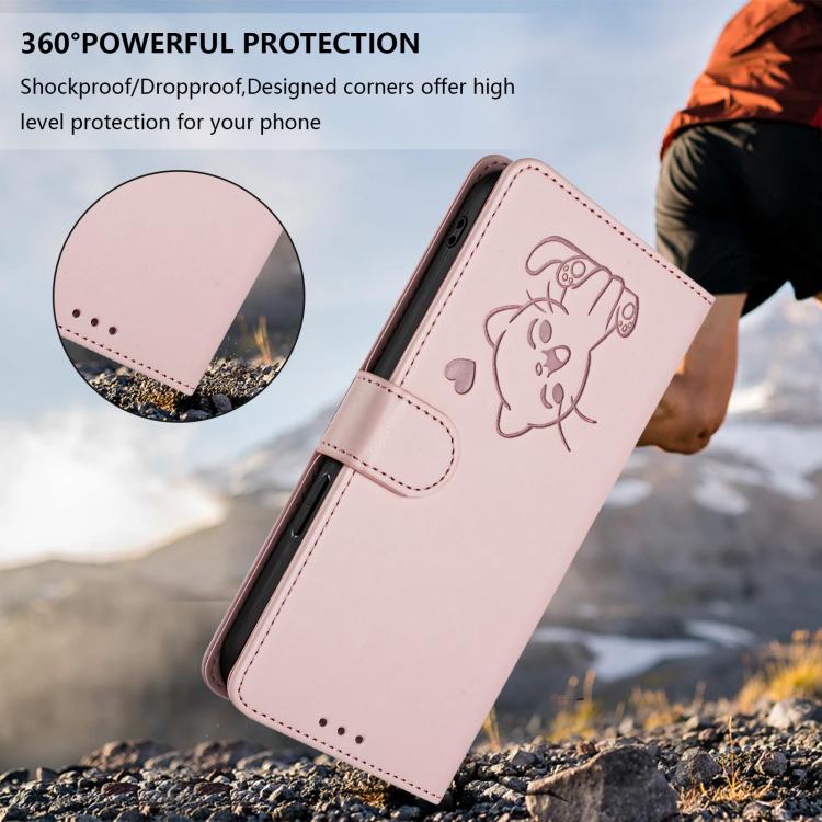 Étui de téléphone en cuir avec motif de cœur gaufré et dragonne pour chat, pour iPhone Air, pour iPhone 16 Pro Max, pour iPhone 16 Pro, pour iPhone 16 Plus