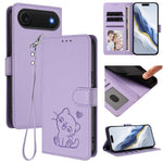 Étui de téléphone en cuir avec motif de cœur gaufré et dragonne pour chat, pour iPhone Air, pour iPhone 16 Pro Max, pour iPhone 16 Pro, pour iPhone 16 Plus