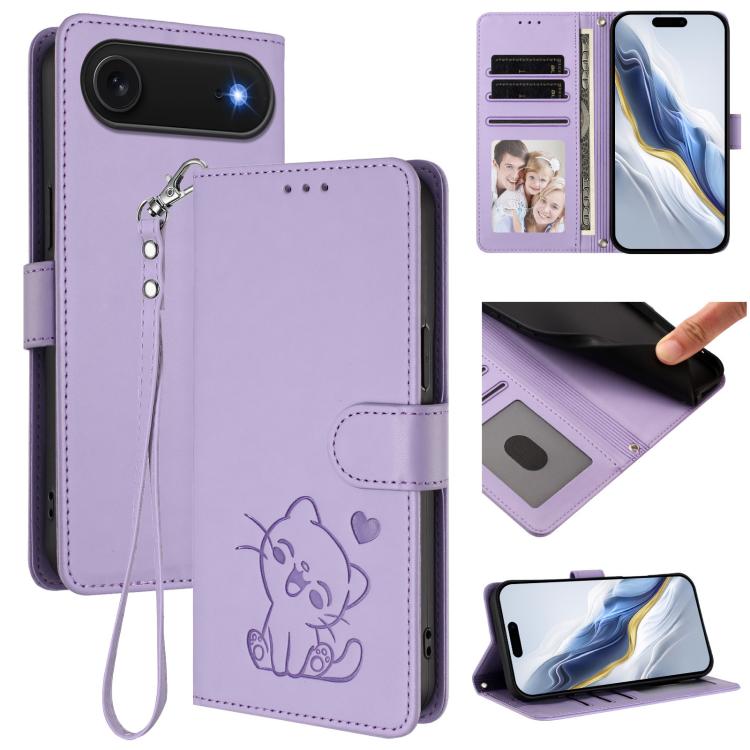 Étui de téléphone en cuir avec motif de cœur gaufré et dragonne pour chat, pour iPhone Air, pour iPhone 16 Pro Max, pour iPhone 16 Pro, pour iPhone 16 Plus