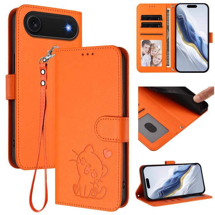 Étui de téléphone en cuir avec motif de cœur gaufré et dragonne pour chat, pour iPhone Air, pour iPhone 16 Pro Max, pour iPhone 16 Pro, pour iPhone 16 Plus