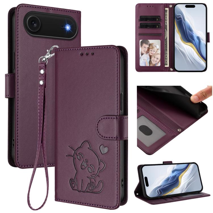 Étui de téléphone en cuir avec motif de cœur gaufré et dragonne pour chat, pour iPhone Air, pour iPhone 16 Pro Max, pour iPhone 16 Pro, pour iPhone 16 Plus
