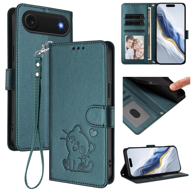 Étui de téléphone en cuir avec motif de cœur gaufré et dragonne pour chat, pour iPhone Air, pour iPhone 16 Pro Max, pour iPhone 16 Pro, pour iPhone 16 Plus