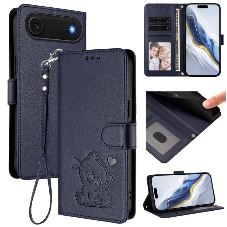 Étui de téléphone en cuir avec motif de cœur gaufré et dragonne pour chat, pour iPhone Air, pour iPhone 16 Pro Max, pour iPhone 16 Pro, pour iPhone 16 Plus