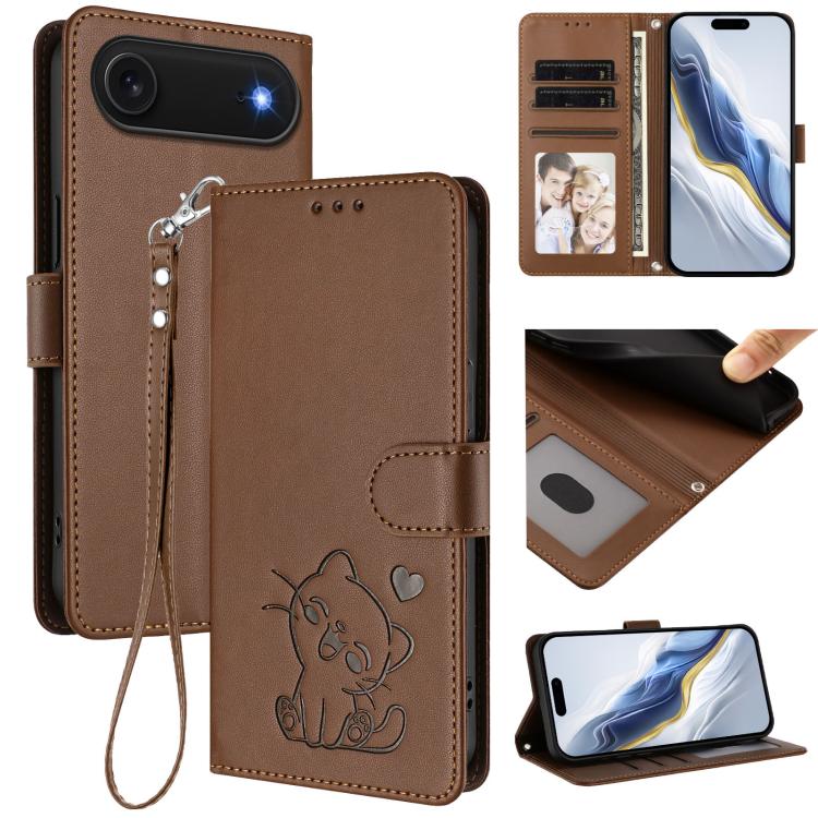 Étui de téléphone en cuir avec motif de cœur gaufré et dragonne pour chat, pour iPhone Air, pour iPhone 16 Pro Max, pour iPhone 16 Pro, pour iPhone 16 Plus