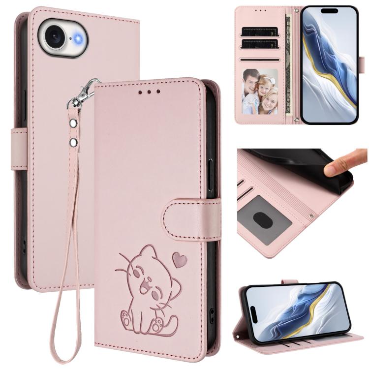 Étui de téléphone en cuir avec motif de cœur et de chat en relief avec dragonne, Pour iPhone 17e / 16e, Pour iPhone 17 Pro Max, Pour iPhone 17 Pro, Pour iPhone 17