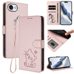 Étui de téléphone en cuir avec motif de cœur et de chat en relief avec dragonne, Pour iPhone 17e / 16e, Pour iPhone 17 Pro Max, Pour iPhone 17 Pro, Pour iPhone 17