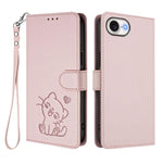 Étui de téléphone en cuir avec motif de cœur et de chat en relief avec dragonne, Pour iPhone 17e / 16e, Pour iPhone 17 Pro Max, Pour iPhone 17 Pro, Pour iPhone 17
