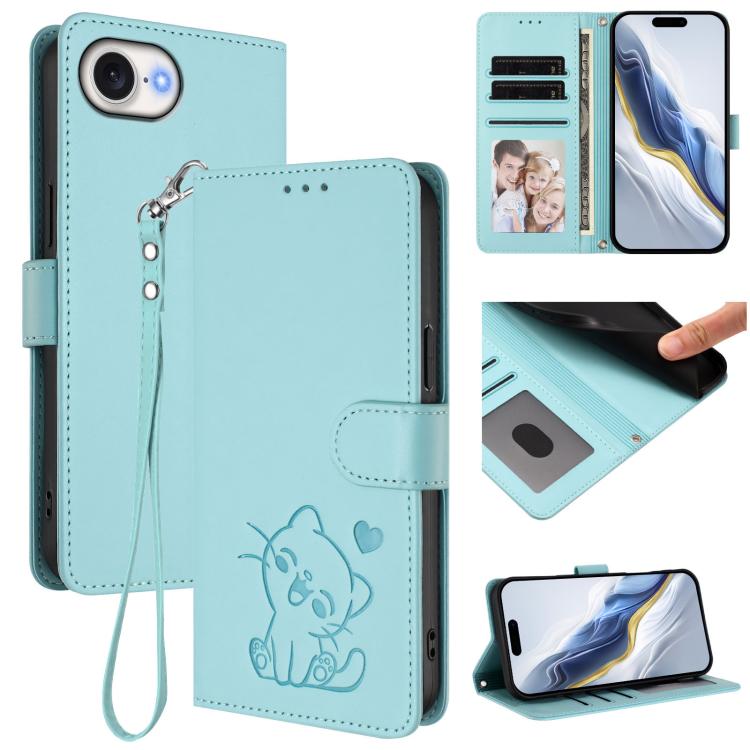 Étui de téléphone en cuir avec motif de cœur et de chat en relief avec dragonne, Pour iPhone 17e / 16e, Pour iPhone 17 Pro Max, Pour iPhone 17 Pro, Pour iPhone 17