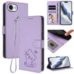 Étui de téléphone en cuir avec motif de cœur et de chat en relief avec dragonne, Pour iPhone 17e / 16e, Pour iPhone 17 Pro Max, Pour iPhone 17 Pro, Pour iPhone 17