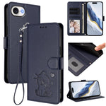Étui de téléphone en cuir avec motif de cœur et de chat en relief avec dragonne, Pour iPhone 17e / 16e, Pour iPhone 17 Pro Max, Pour iPhone 17 Pro, Pour iPhone 17